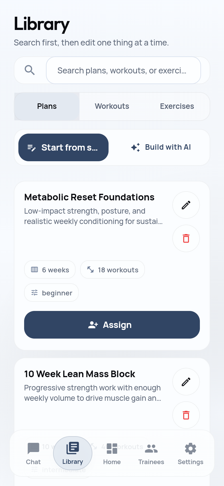 Trainer plan library screen